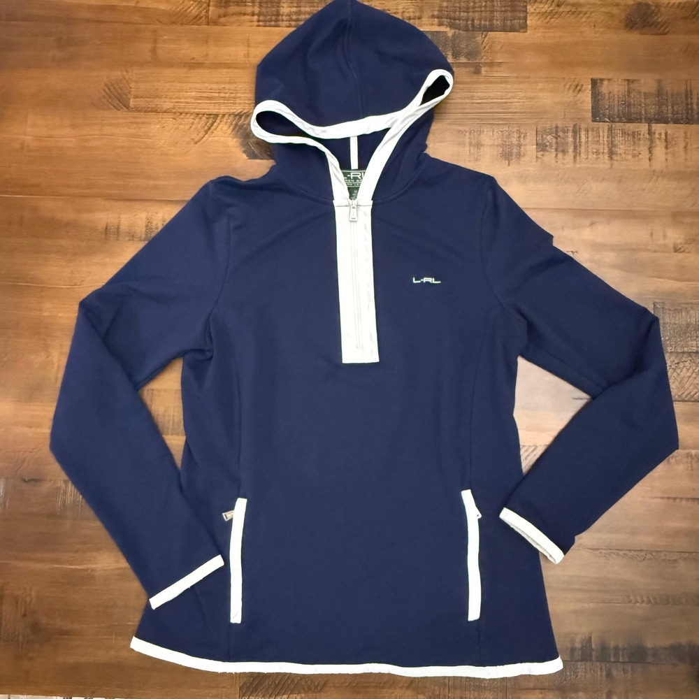 Lauren Ralph Lauren Active Hoodie Pullover Quarter Zip Navy White Trim Size M